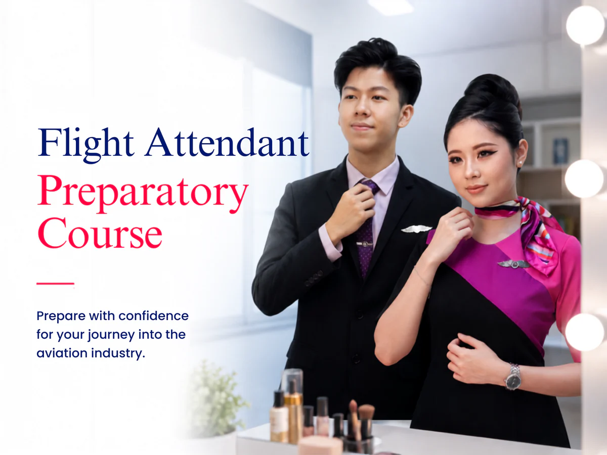 Cabin crew trainee in uniform and a candidate in a suit checking their presentation in a training room